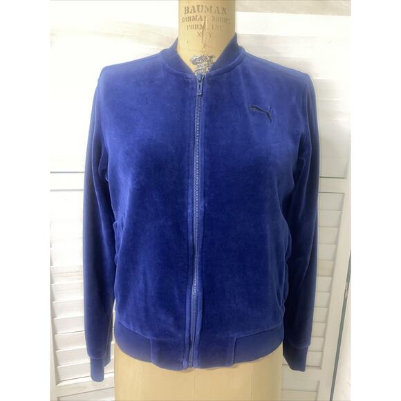 PUMA Women’s Velour Zip Up Track Top High Neck Blue Plush Tracksuit Jacket Med - Picture 1 of 9